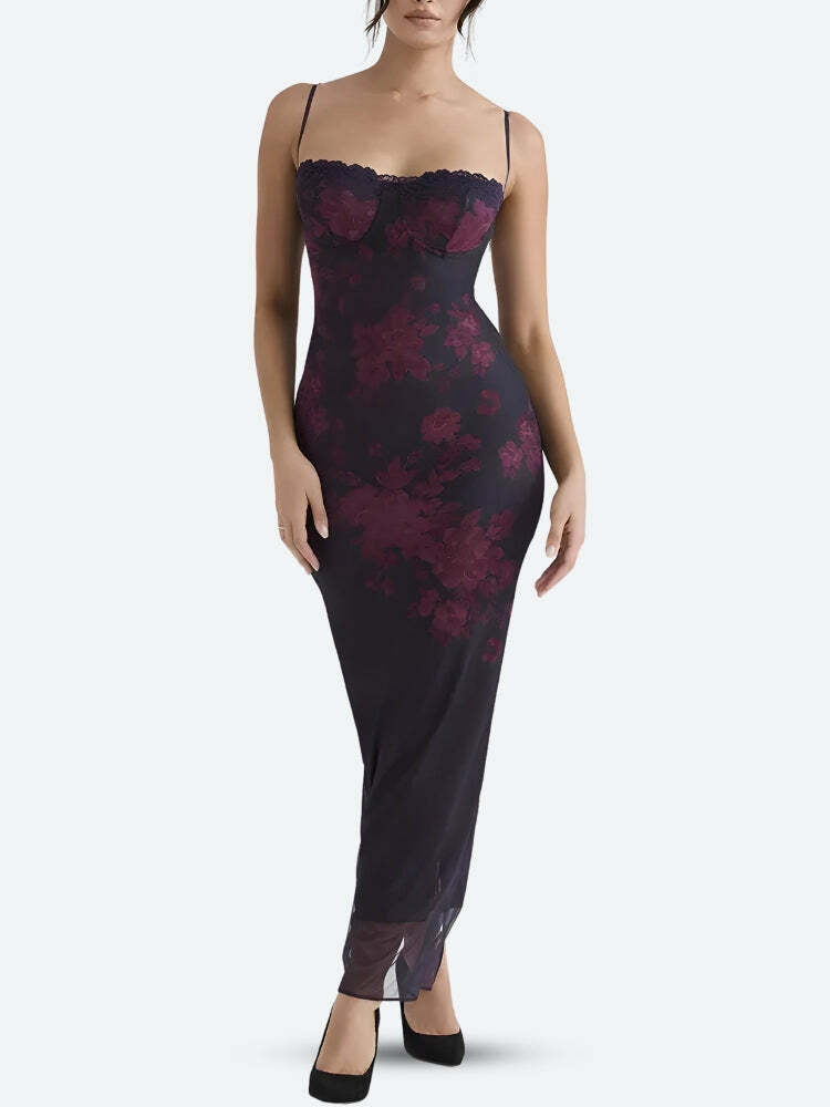 Y2K Floral Lace-Up Mesh Maxi Dress - Trendy Summer Outfit for Grunge & Coquette Aesthetic