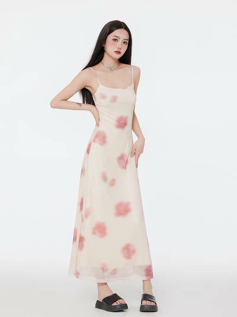 Y2K Floral Mesh Spaghetti Strap Maxi Dress - Summer Aesthetic, 90s Vibes, and Grunge Style