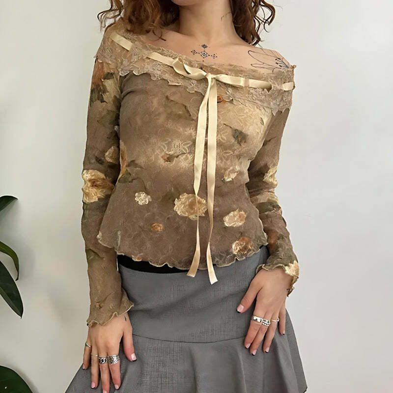 Y2K Floral Off-Shoulder Lace Top - Grunge Aesthetic Summer Outfit for Trendy Looks