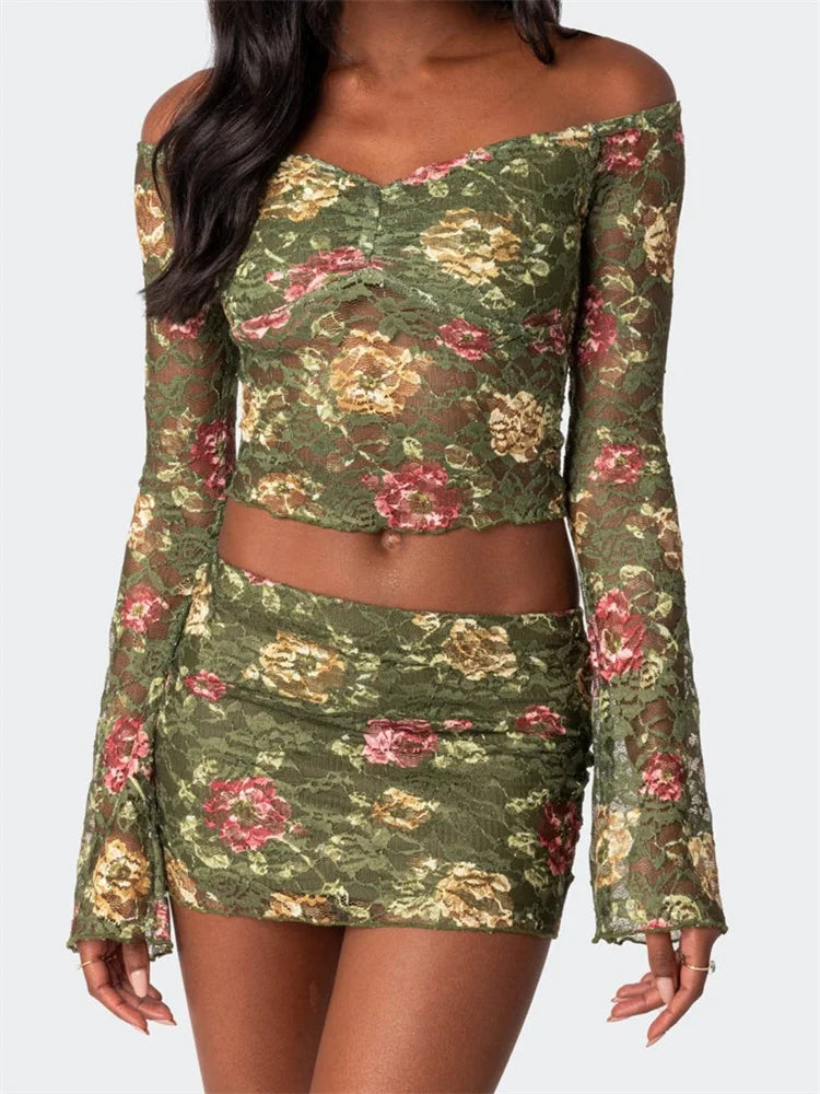 Y2K Floral Ruched Off-Shoulder Top & Mini Skirt Set - Coquette & Grunge Aesthetic Outfit