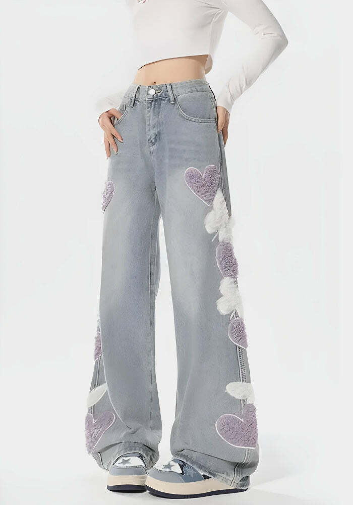 Y2K Fluffy Heart Butterfly Baggy Jeans - Trendy Grunge Aesthetic Summer Outfit