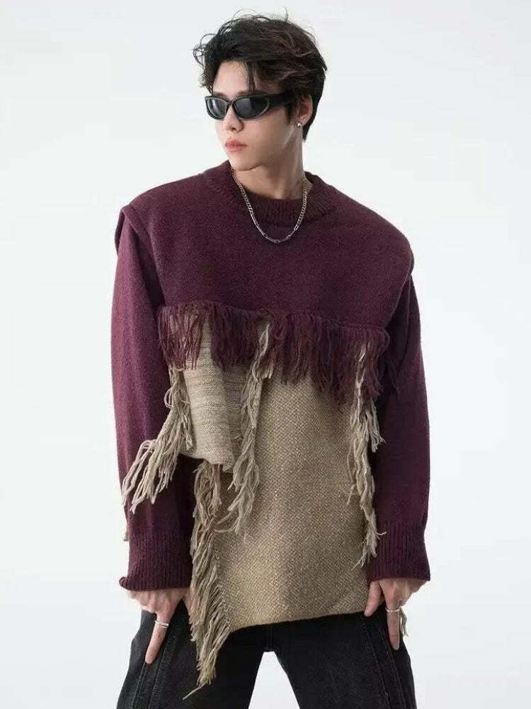 Y2K Fringe Patchwork Knitted Sweater - Grunge Aesthetic for 2000s Fashion Lovers