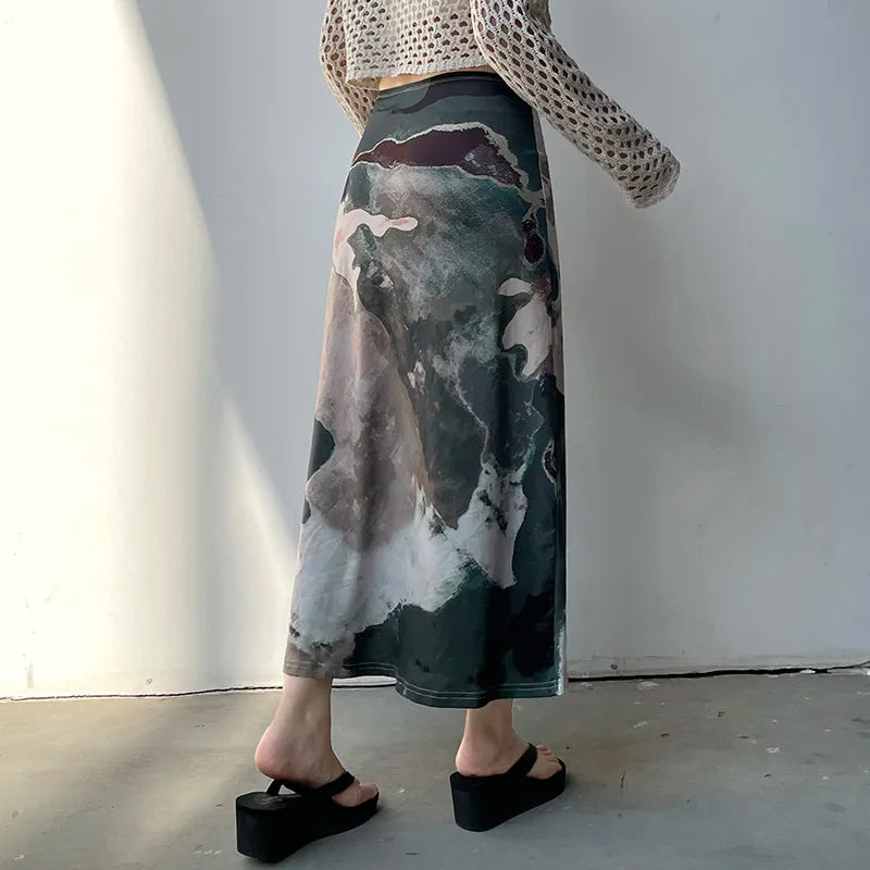 Y2K Graphic Printed Midi Skirt - Trendy Summer Outfit for Grunge & Coquette Aesthetic