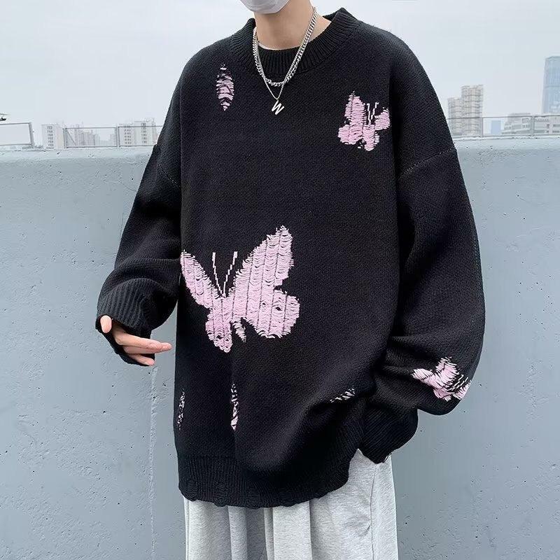 Y2K Grunge Aesthetic Butterfly Distressed Knitted Sweater for Trendy Summer Outfits