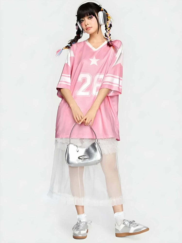 Y2K Grunge Aesthetic Soft Girl Star 26 Jersey Top - Vintage 90s Fashion Tee for Summer Outfits