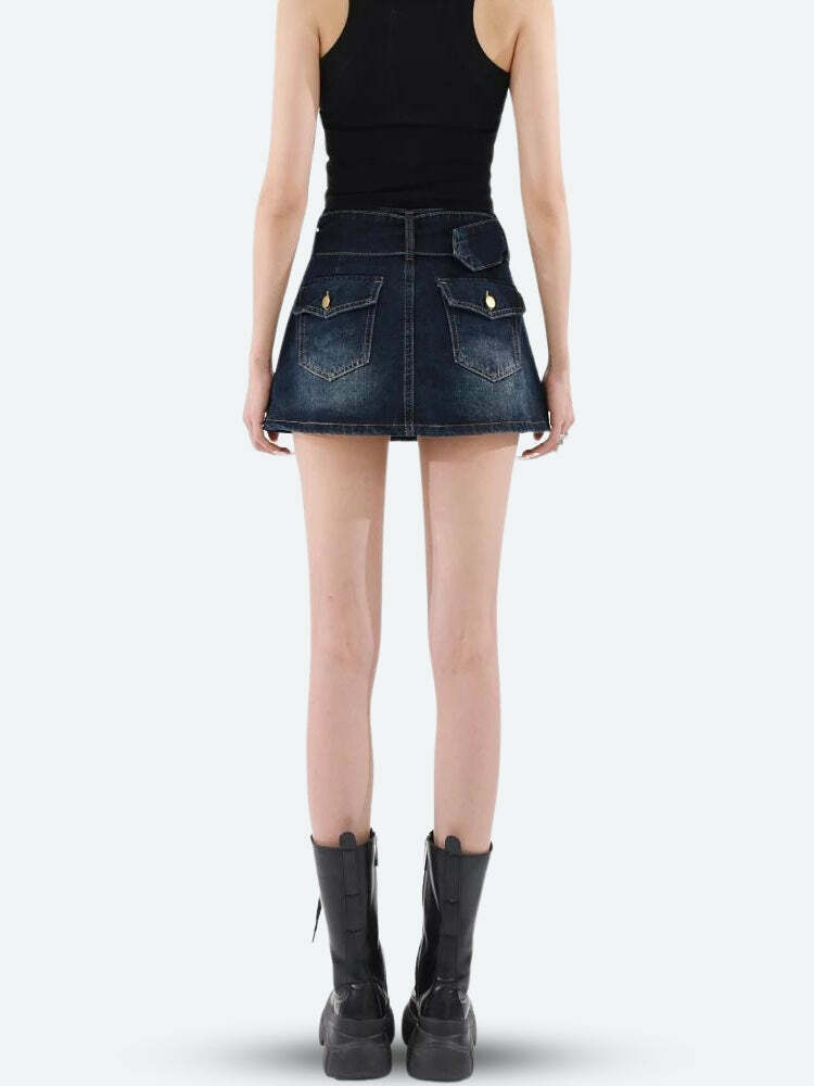 Y2K Grunge Belted Denim Mini Skirt - Vintage 90s Aesthetic Summer Outfit Essential