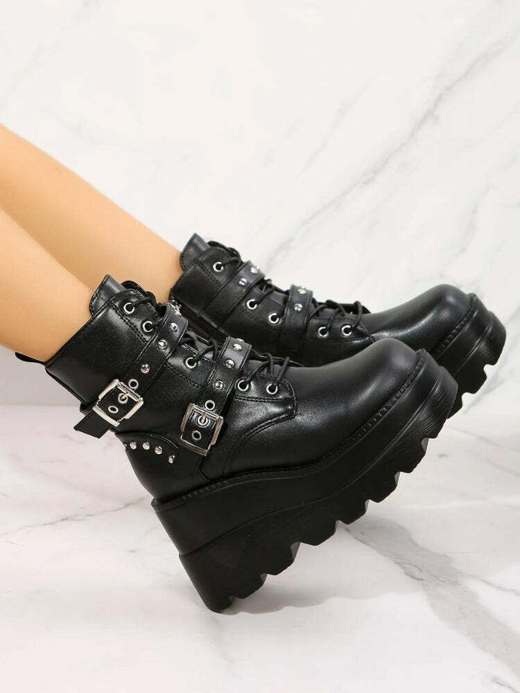 Y2K Grunge Belted Platform Boots for 90s Fashion Lovers - Trendy Aesthetic Footwear