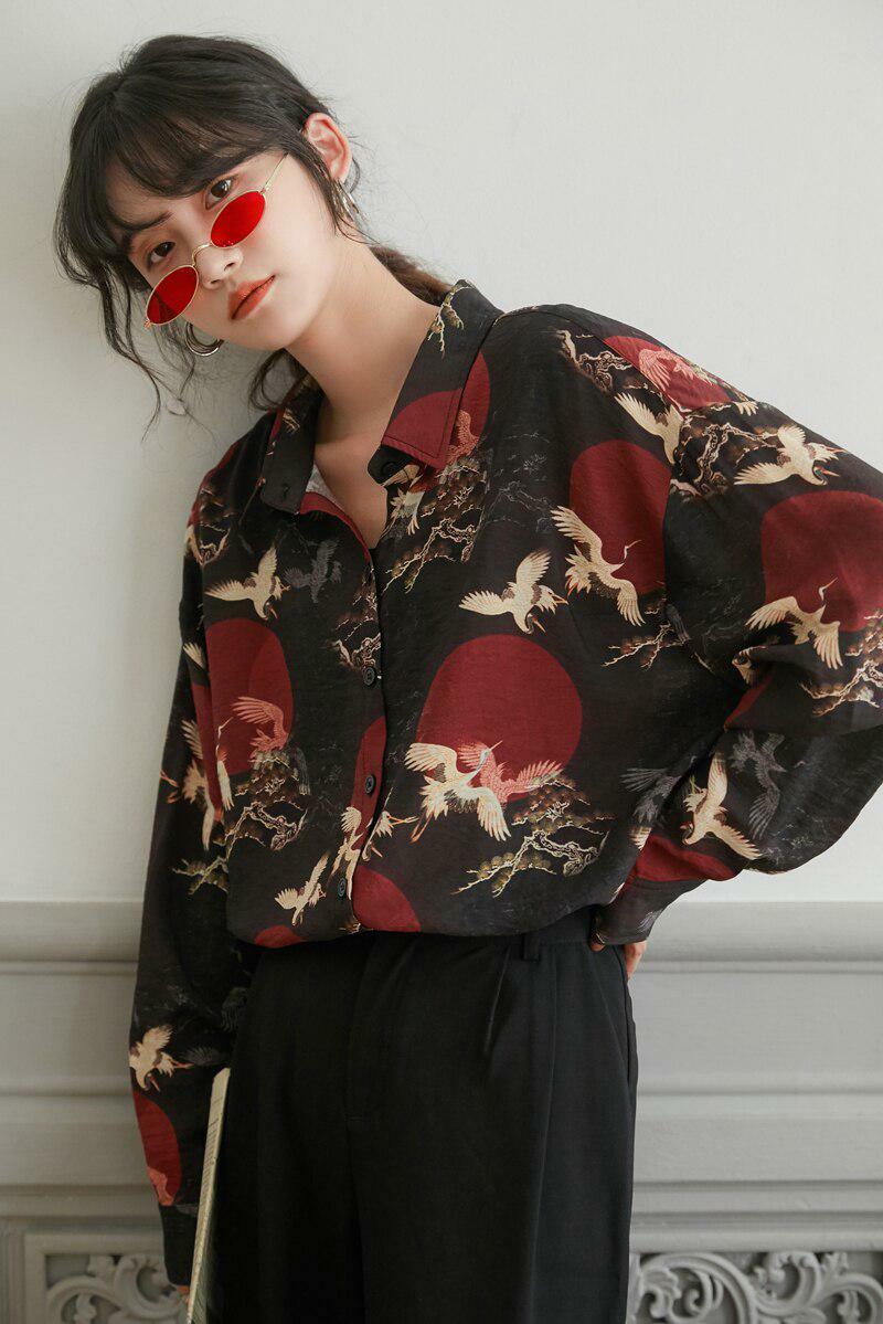 Y2K Grunge Bird Pattern Long Sleeve Shirt - Vintage 90s Aesthetic Top for Summer Outfits