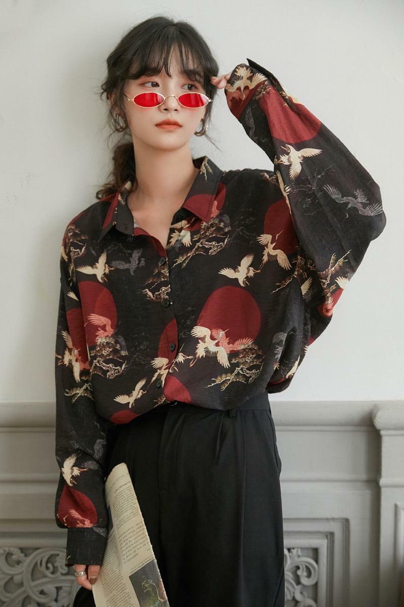 Y2K Grunge Bird Pattern Long Sleeve Shirt - Vintage 90s Aesthetic Top for Summer Outfits