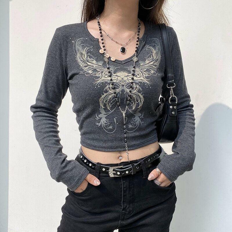 Y2K Grunge Butterfly Crop Top - Vintage 90s Aesthetic for Summer Outfits & Festivals