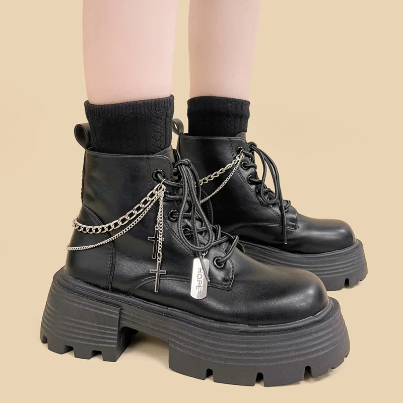 Y2K Grunge Chain Combat Boots for 90s Fashion Lovers - Edgy Style Meets Comfort