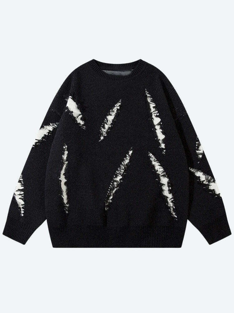 Y2K Grunge Claw Distressed Knitted Sweater - Vintage 90s Aesthetic for Effortless Style