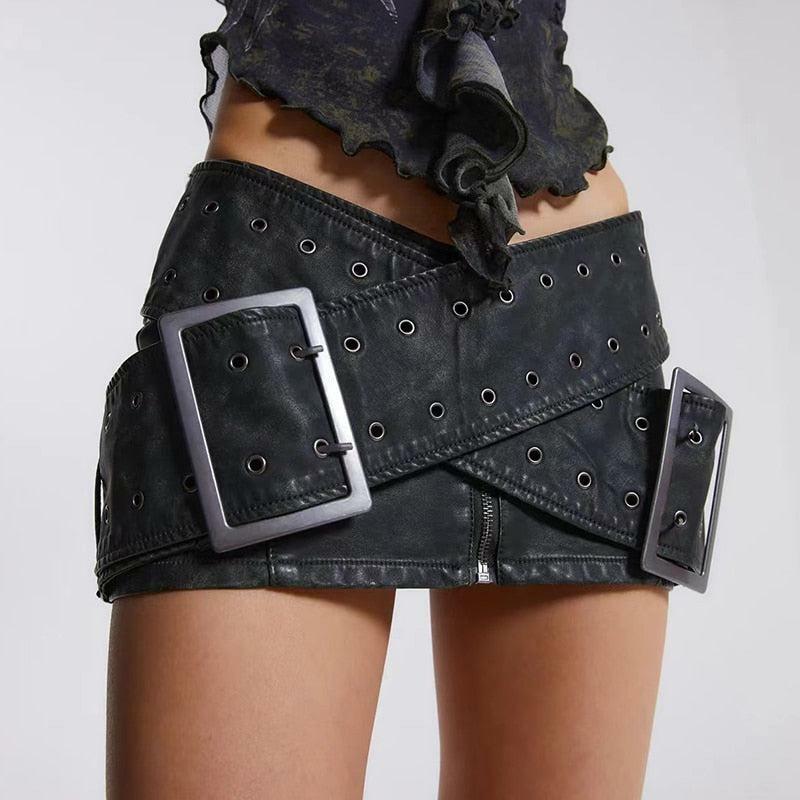 Y2K Grunge Cross Belt Faux Leather Mini Skirt - Trendy 90s Fashion for Summer Outfits