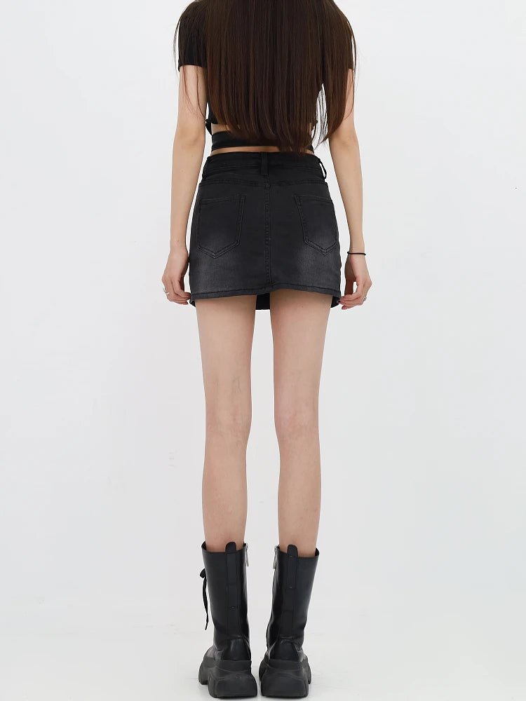 Y2K Grunge Denim Mini Skort with Cross Belt - Trendy 90s Style Summer Outfit