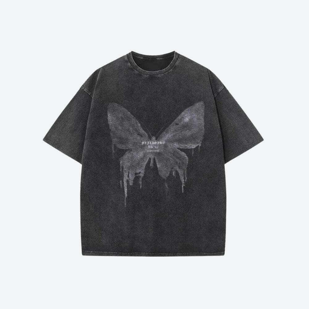 Y2K Grunge Distressed Butterfly Tee - Vintage 90s Aesthetic Top for Trendy Outfits