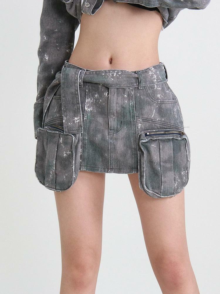 Y2K Grunge Distressed Cargo Denim Mini Skirt - Trendy 90s Fashion for Summer Outfits