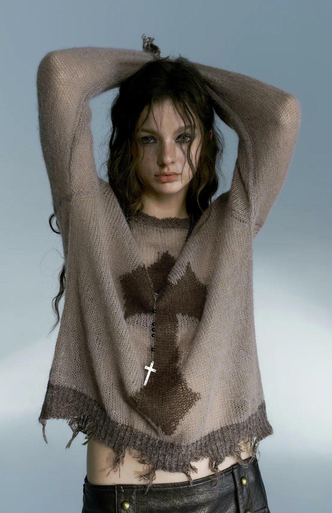 Y2K Grunge Distressed Cross Sweater - Vintage 90s Aesthetic for Trendy Summer Outfits