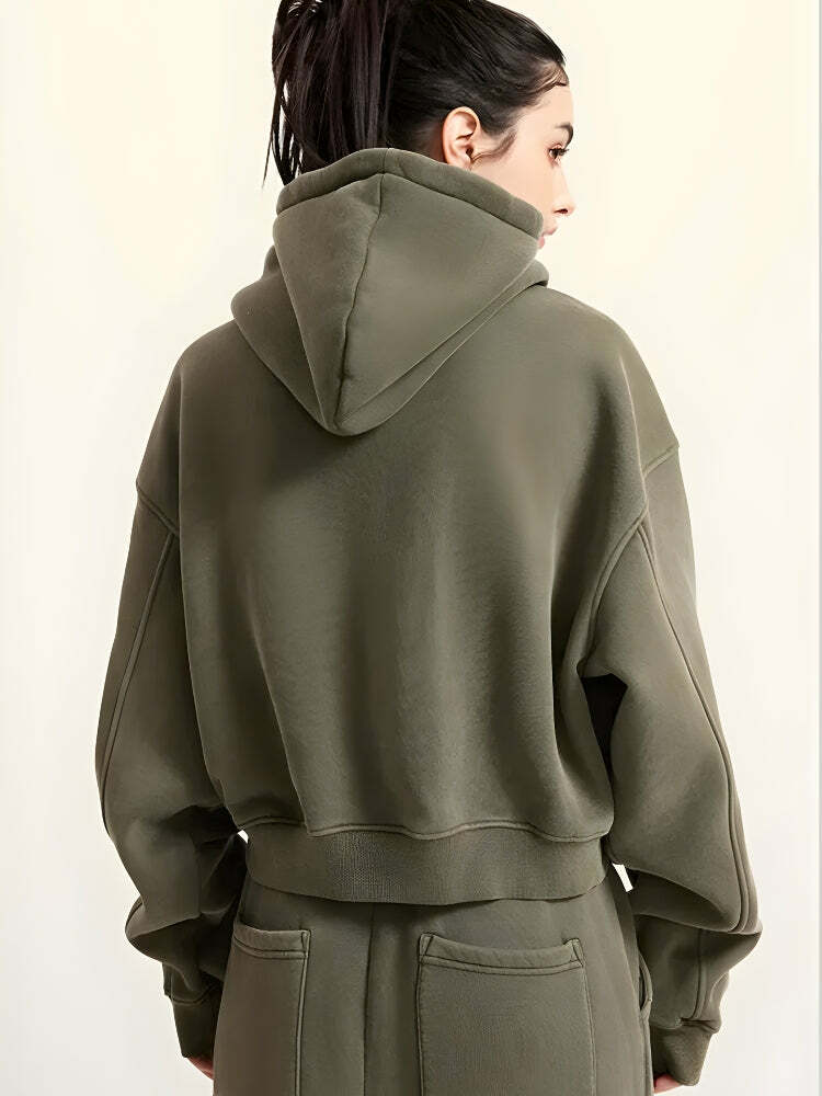 Y2K Grunge Double Zip-Up Cropped Hoodie - Trendy Summer Layering for Aesthetic Outfits