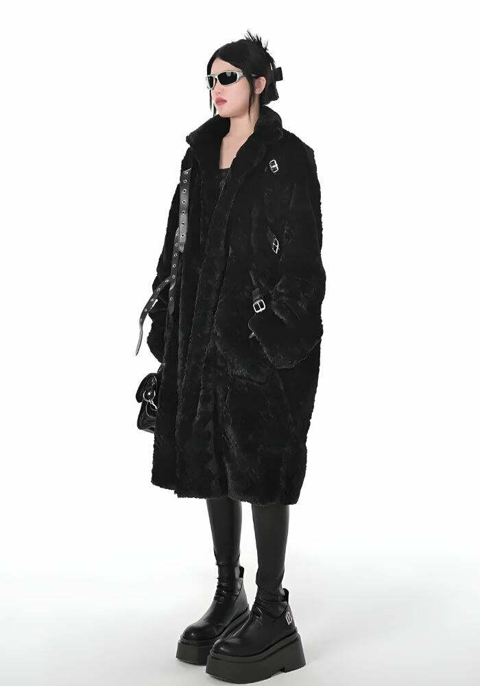 Y2K Grunge Faux Fur Long Jacket for Aesthetic Summer Outfits & 90s Fashion Vibes