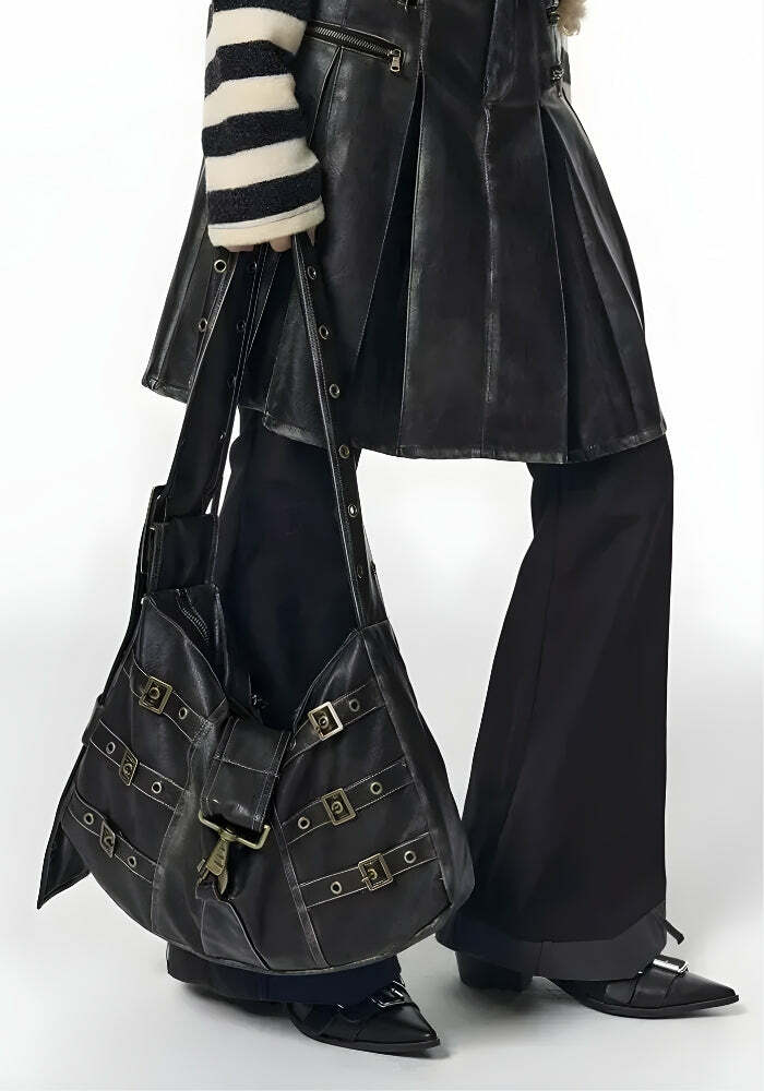 Y2K Grunge Faux Leather Belted Bag for 90s Fashion Lovers - Perfect for Summer Outfits!