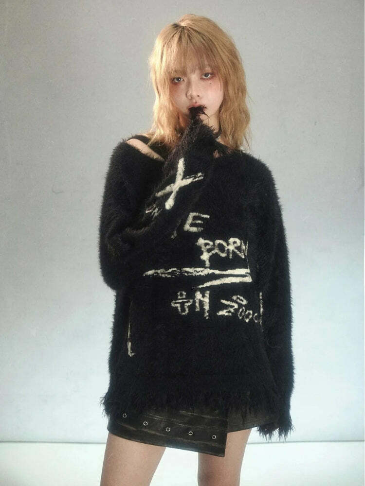 Y2K Grunge Fluffy Knitted Sweater - Cozy 90s Aesthetic for Effortless Summer Outfits