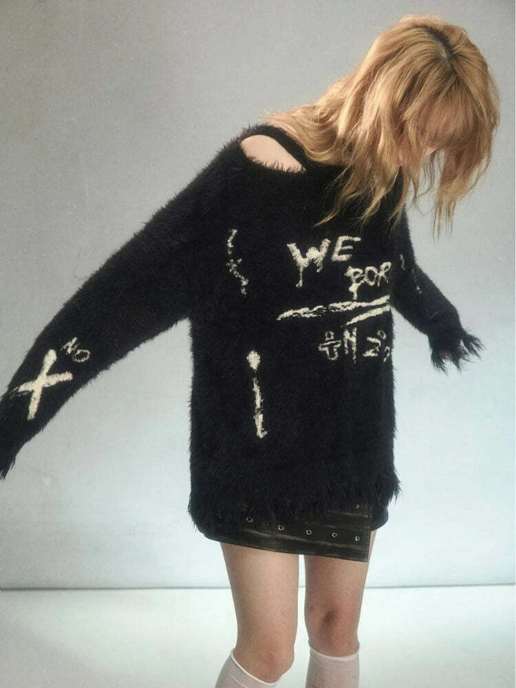 Y2K Grunge Fluffy Knitted Sweater - Cozy 90s Aesthetic for Effortless Summer Outfits