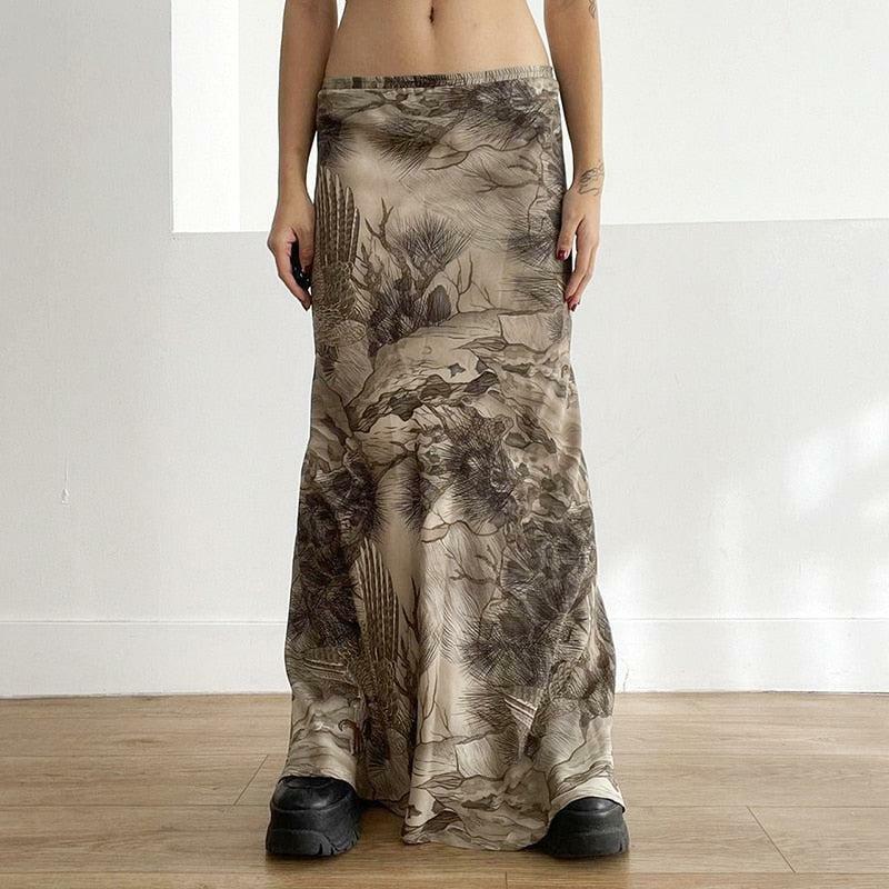 Y2K Grunge Forest Maxi Skirt - Vintage 90s Aesthetic, Flowy Summer Outfit, Boho Style