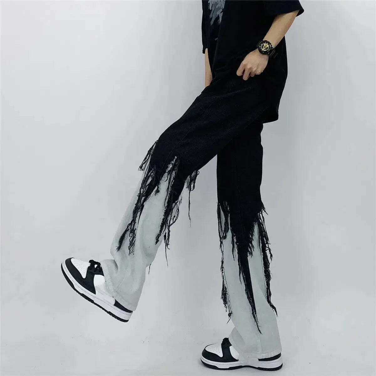 Y2K Grunge Fringed Wide Leg Jeans for Summer Outfits & 90s Fashion Aesthetic