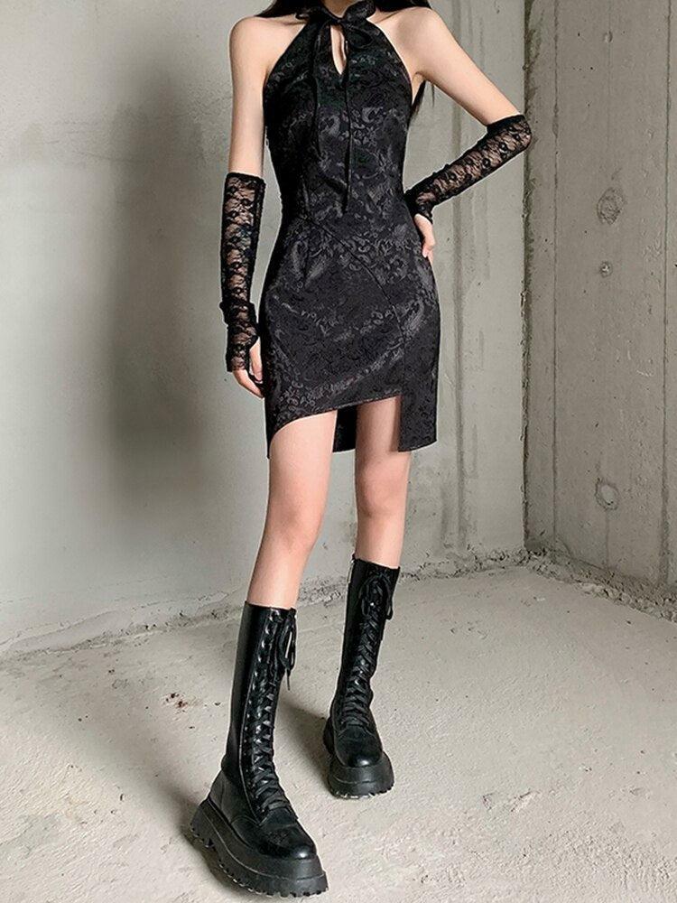 Y2K Grunge Halter Mini Dress - Vintage 90s Aesthetic with Platform Shoes & Accessories