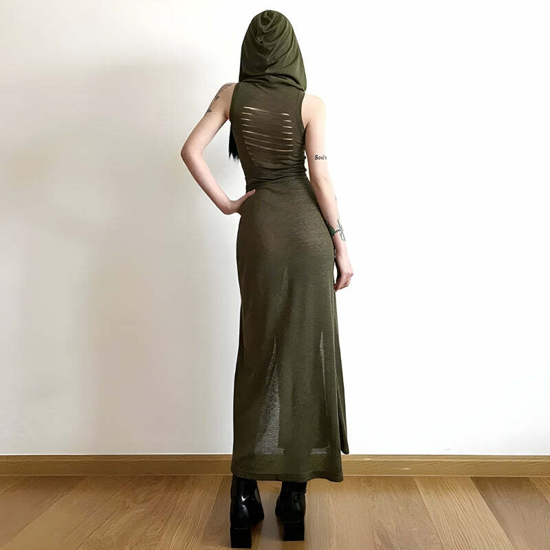 Y2K Grunge Hooded Cut Out Back Midi Dress - Trendy Summer Outfit for 2000s Aesthetic