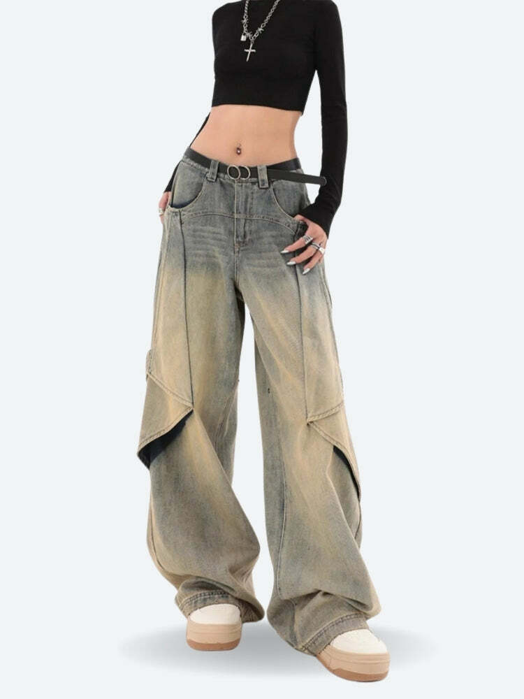 Y2K Grunge Layered Denim Jeans - Vintage 90s Style Baggy Jeans for Trendy Outfits