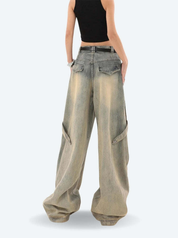 Y2K Grunge Layered Denim Jeans - Vintage 90s Style Baggy Jeans for Trendy Outfits