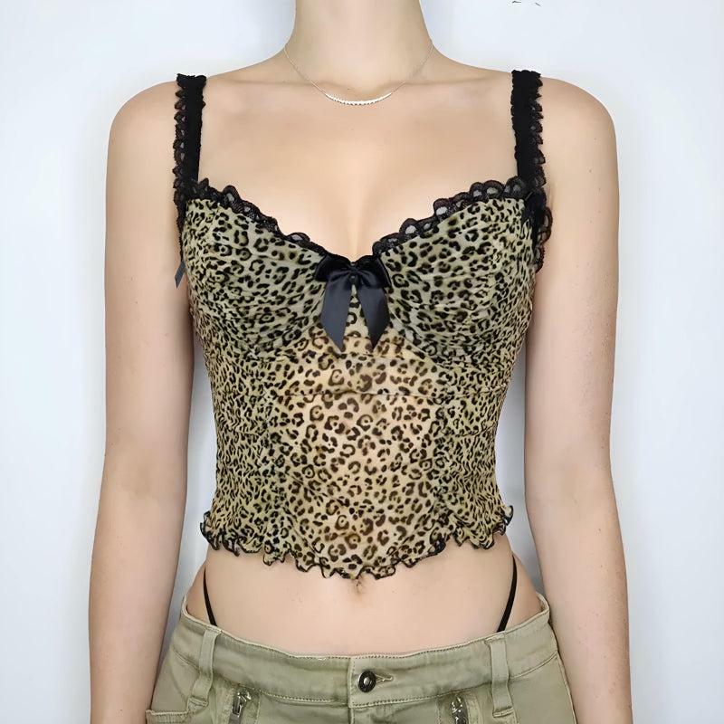 Y2K Grunge Leopard Mesh Top - Trendy Summer Outfit for a Chic Aesthetic Look