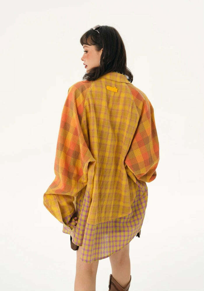 Y2K Grunge Multi-Pattern Plaid Shirt - Vintage 90s Aesthetic for Effortless Summer Style