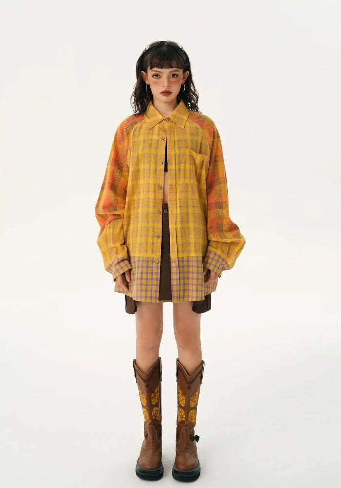 Y2K Grunge Multi-Pattern Plaid Shirt - Vintage 90s Aesthetic for Effortless Summer Style