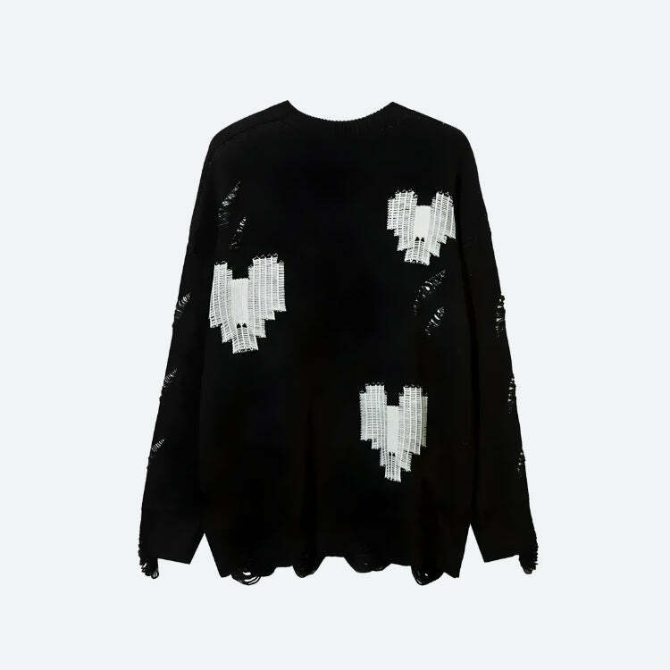 Y2K Grunge Pixel Hearts Knitted Sweater - Retro 90s Aesthetic for Trendy Outfits