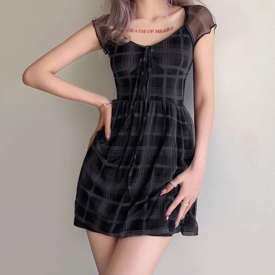 Y2K Grunge Plaid Mini Dress - Vintage 90s Aesthetic for Summer Outfits & Festivals