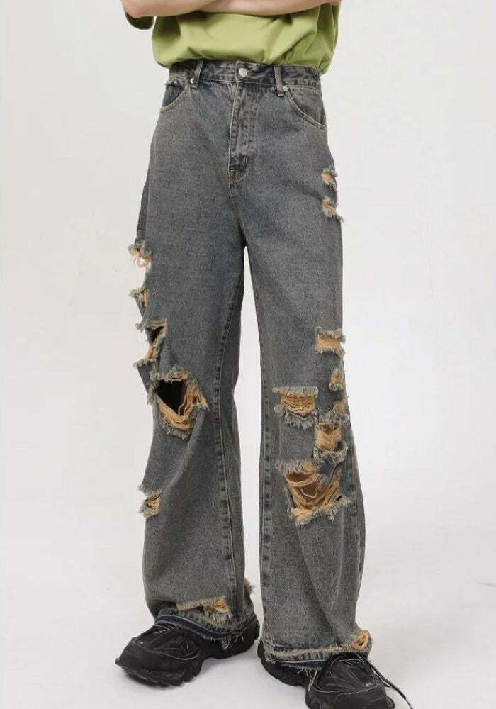 Y2K Grunge Ripped Straight Leg Jeans for Vintage 90s Aesthetic Outfits and Summer Style