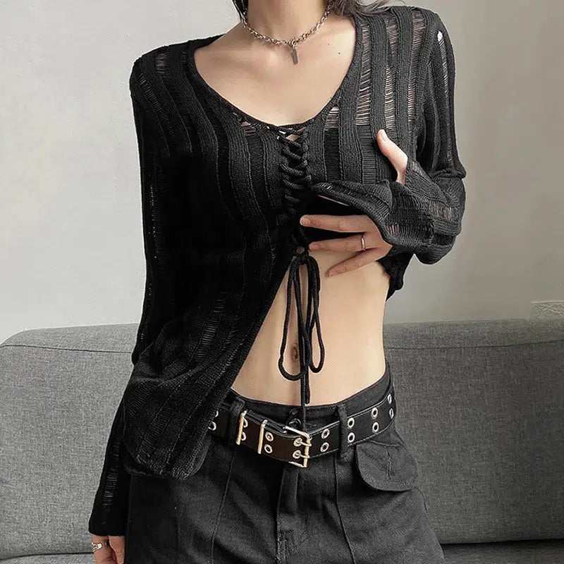 Y2K Grunge Sheer Lace-Up Knitted Top - Vintage 90s Aesthetic for Effortless Summer Style