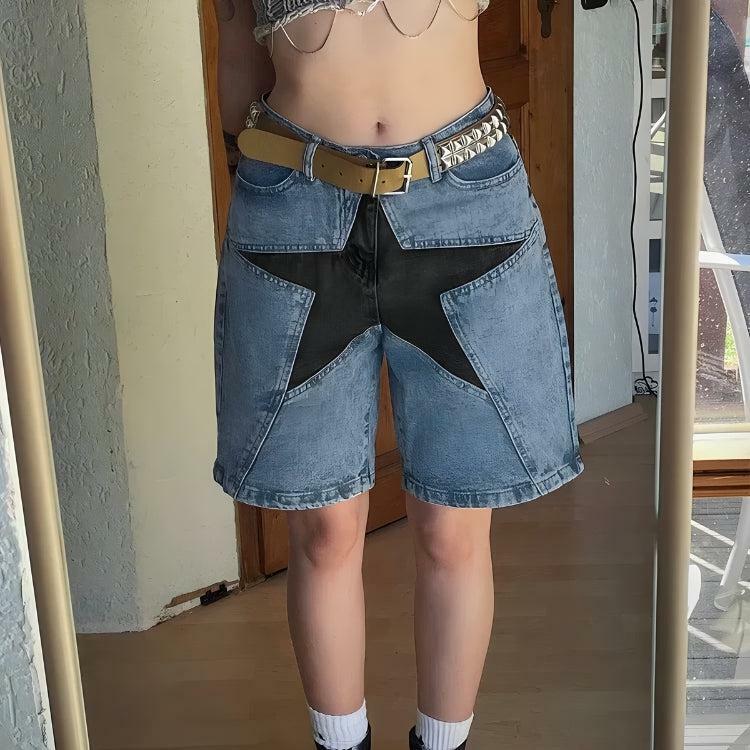 Y2K Grunge Star Jean Shorts - Vintage 90s Aesthetic Summer Outfit for Trendy Looks