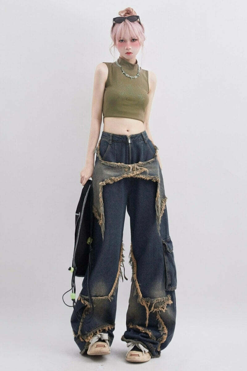 Y2K Grunge Star Jeans: Baggy Wide Leg Denim for 90s Fashion & Summer Outfits