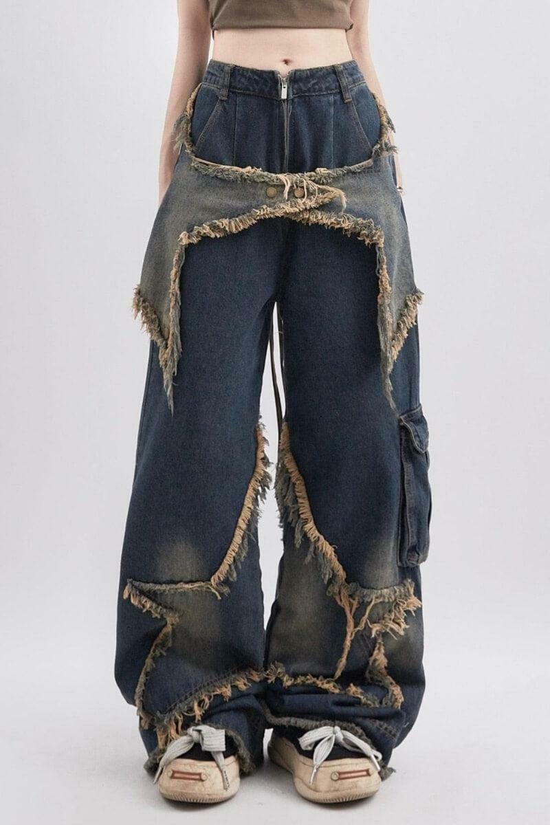 Y2K Grunge Star Jeans: Baggy Wide Leg Denim for 90s Fashion & Summer Outfits