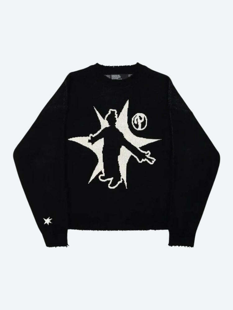 Y2K Grunge Starboy Distressed Knitted Sweater - Vintage 90s Aesthetic Fashion Essential