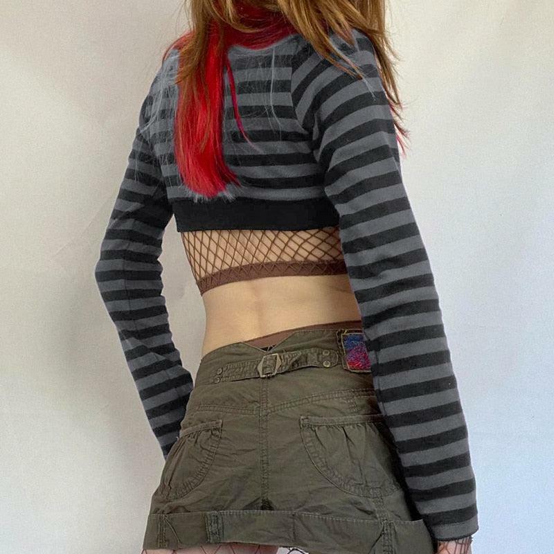 Y2K Grunge Striped Button-Up Crop Top for Trendy Summer Outfits & Aesthetic Looks