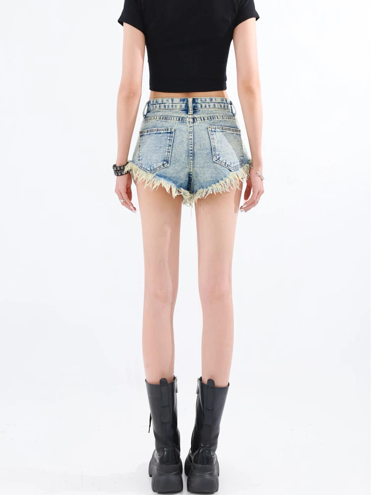 Y2K Grunge Tasseled Denim Shorts - Vintage 90s Style Summer Outfit for Trendy Aesthetic