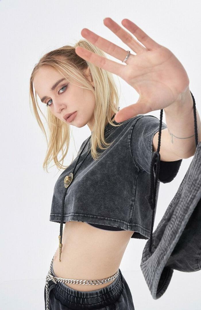 Y2K Grunge Washed Crop Top - Vintage 90s Aesthetic for Effortless Summer Outfits