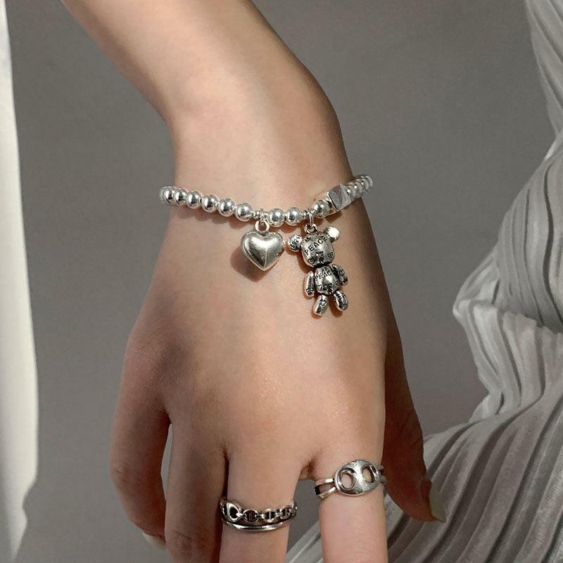 Y2K Heart & Bear Bracelet: Cute Accessory for 90s Fashion, Grunge Aesthetic & Coquette Style