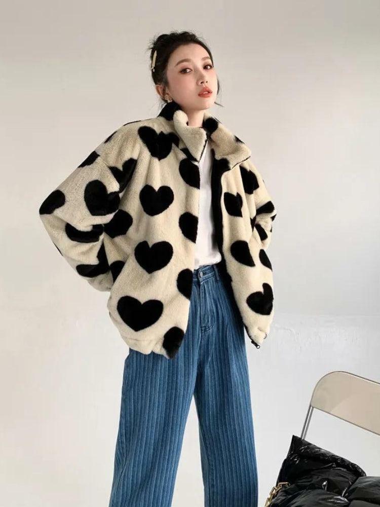 Y2K Heart Pattern Teddy Jacket - Cozy Grunge Style for 2000s Fashion Lovers