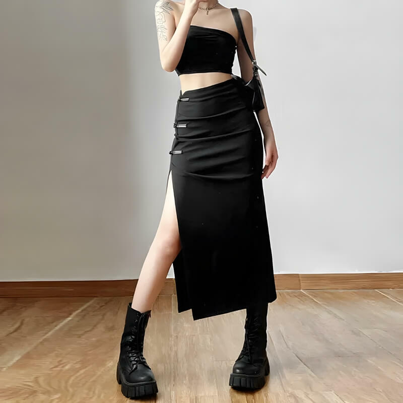 Y2K High Split Midi Skirt - Grunge Aesthetic Summer Outfit, 90s Fashion Essential