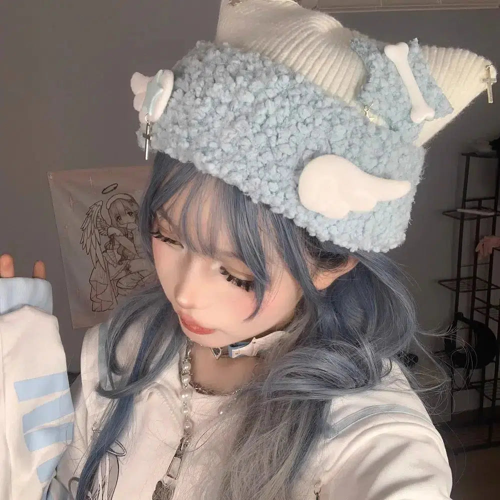 Y2K Kawaii Knitted Beanie with Soft Girl Aesthetic and Cute Wings for Trendy Outfits